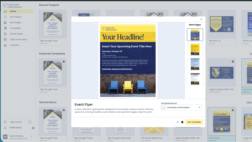 Inside Marq: Users select a template, apply their school’s brand kit and color mapping, then move into design view to customize content within structured, brand-aligned controls.